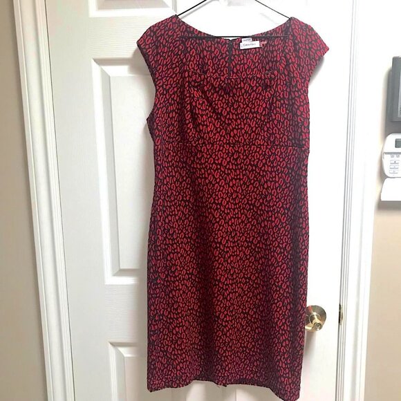 🌹🐾❤️Gorgeous Calvin Klein Red Black Textured Leopard Print Sleeveless Dress - Picture 8 of 16